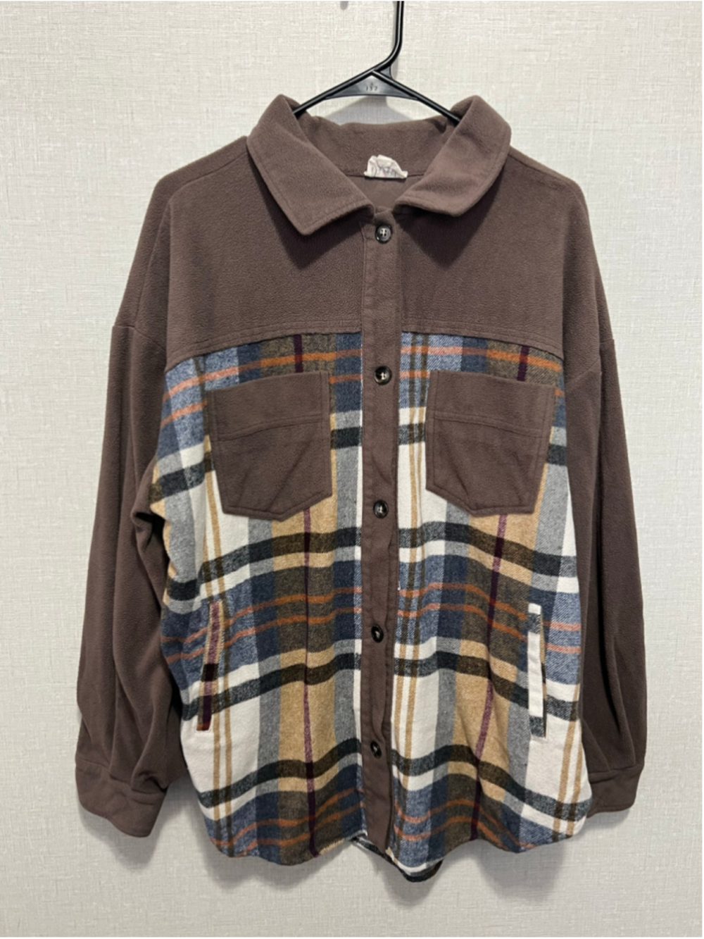 BIBI Brown Plaid Fleece Button Front Flannel Shacket With Chest Pockets
